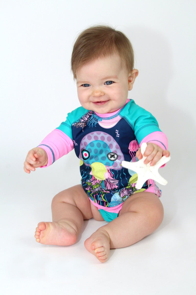 Girl Set of Swim Ruffled bikini with Rashguard - Jelly Fish