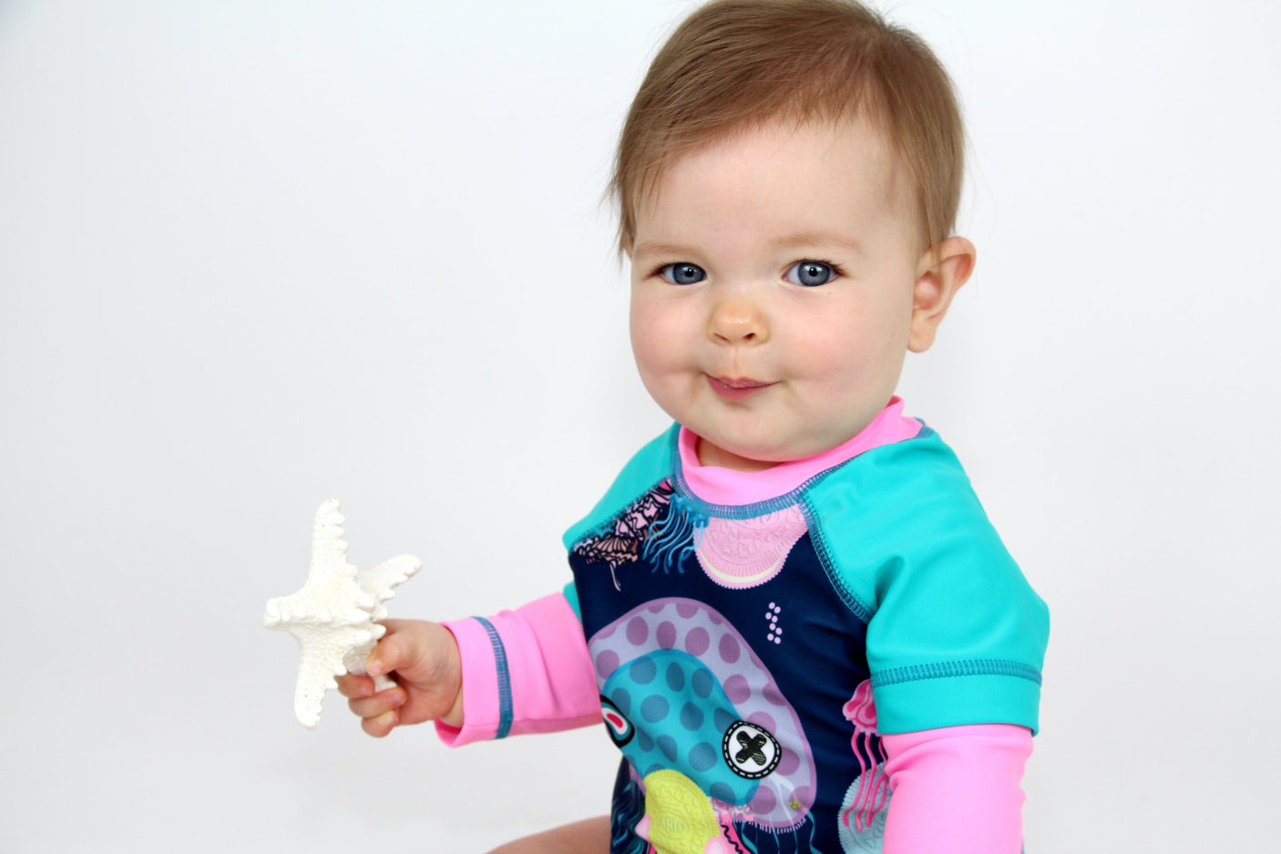 Girl Set of Swim Ruffled bikini with Rashguard - Jelly Fish