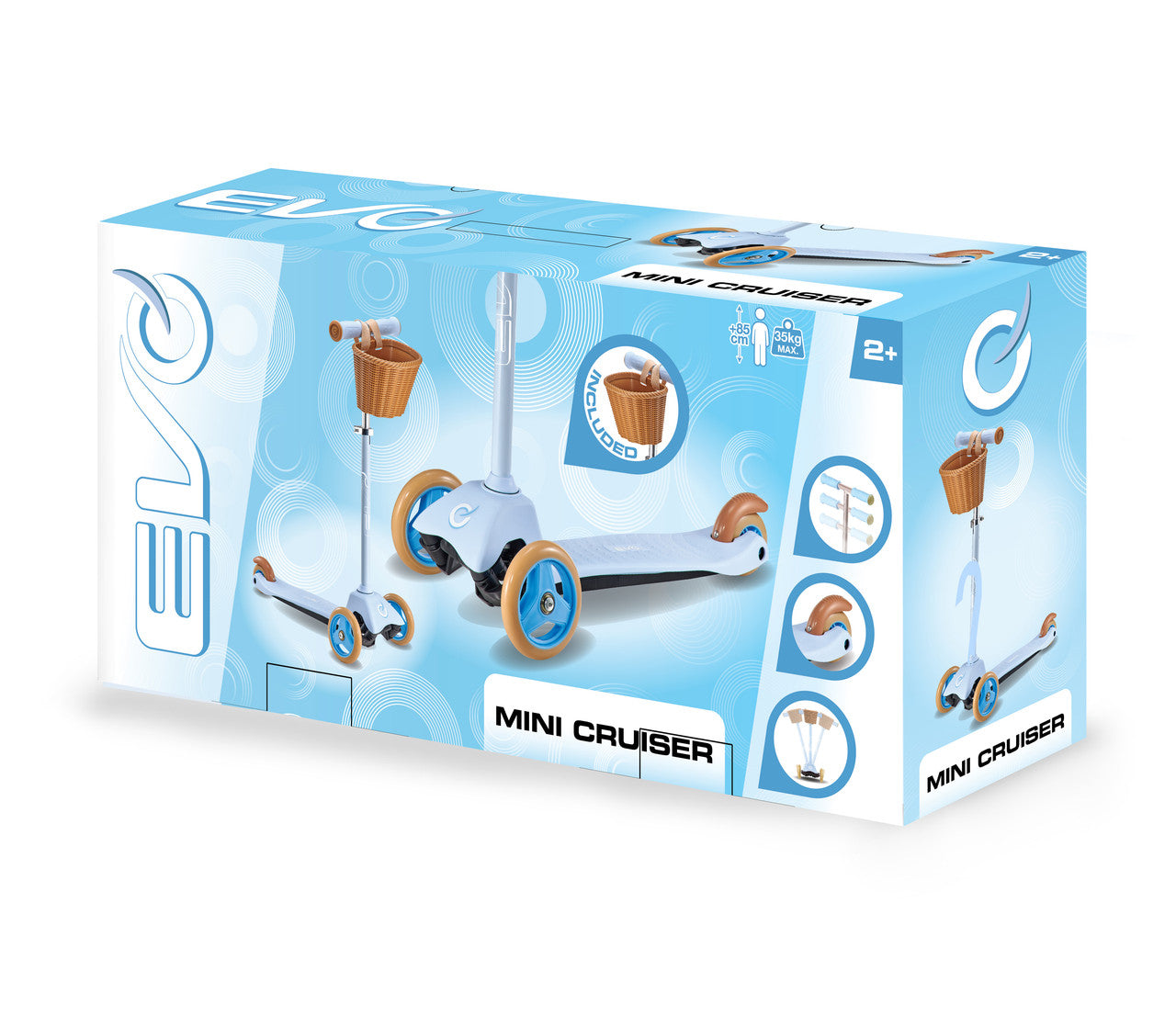 سكوتر إيفو ميني كروزر أزرق سماوي – سكوتر للأطفال مع سلة أمامية / لعبة ركوب بإضاءة