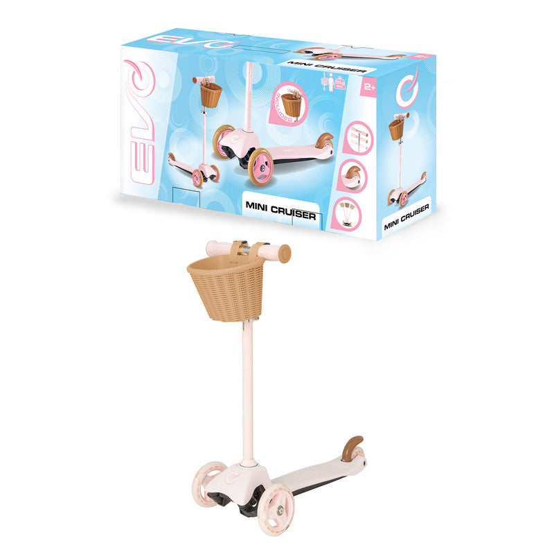 سكوتر إيفو ميني كروزر وردي باستيل – سكوتر للأطفال مع سلة أمامية / لعبة ركوب بإضاءة