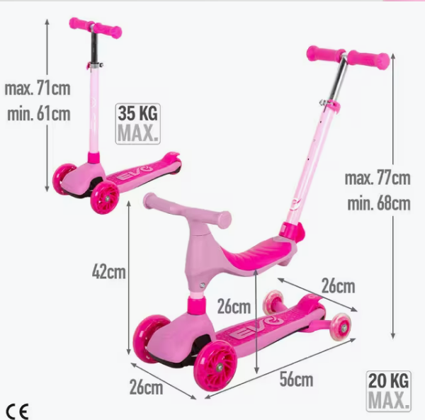سكوتر إيفو 4 في 1 إيفولف – سكوتر متعدد الأوضاع للأطفال باللون الوردي