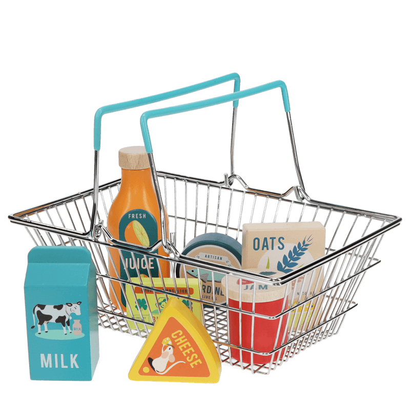 Wooden shopping playset with basket