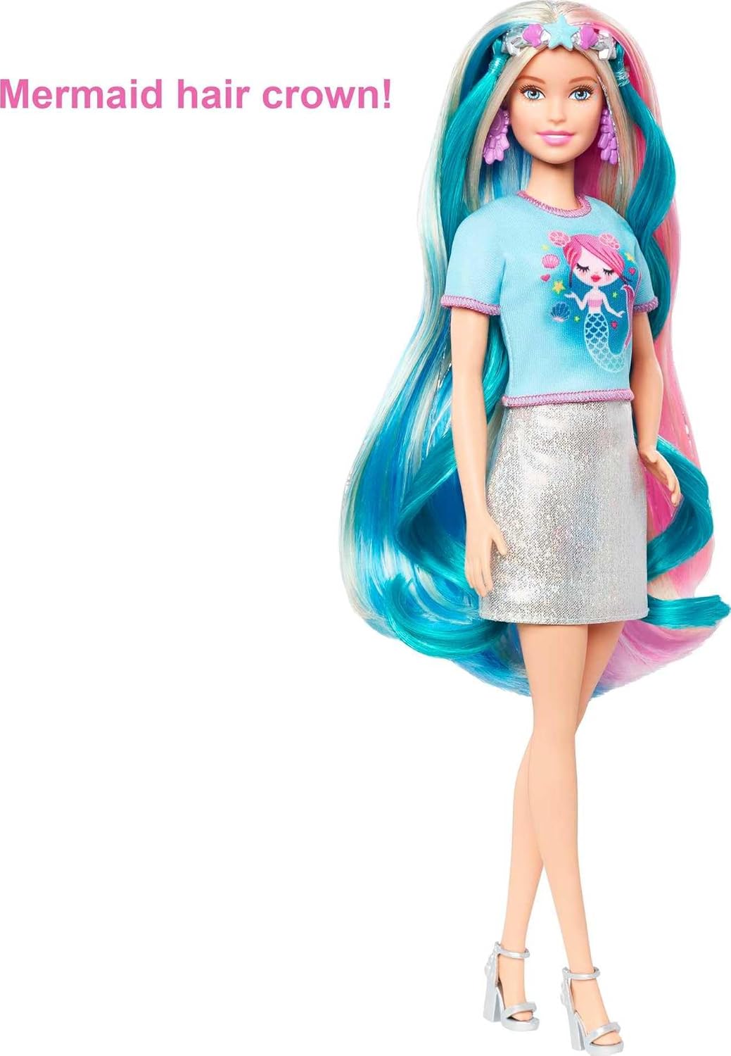 Barbie Fantasy Hair Doll, Blonde, with 2 Decorated Crowns, 2 Tops & Accessories for Mermaid and Unicorn Looks, Plus Hairstyling Pieces
