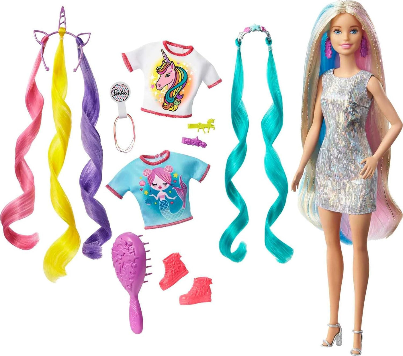 Barbie Fantasy Hair Doll, Blonde, with 2 Decorated Crowns, 2 Tops & Accessories for Mermaid and Unicorn Looks, Plus Hairstyling Pieces