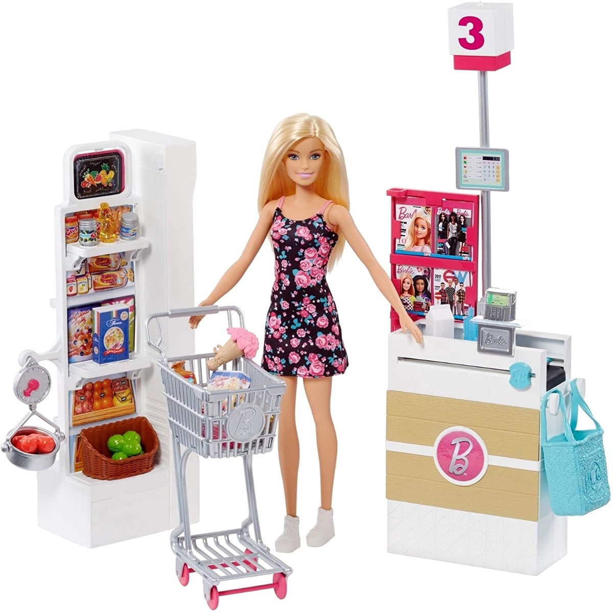 Barbie Doll, Grocery Store with Rolling Cart and Working Belt