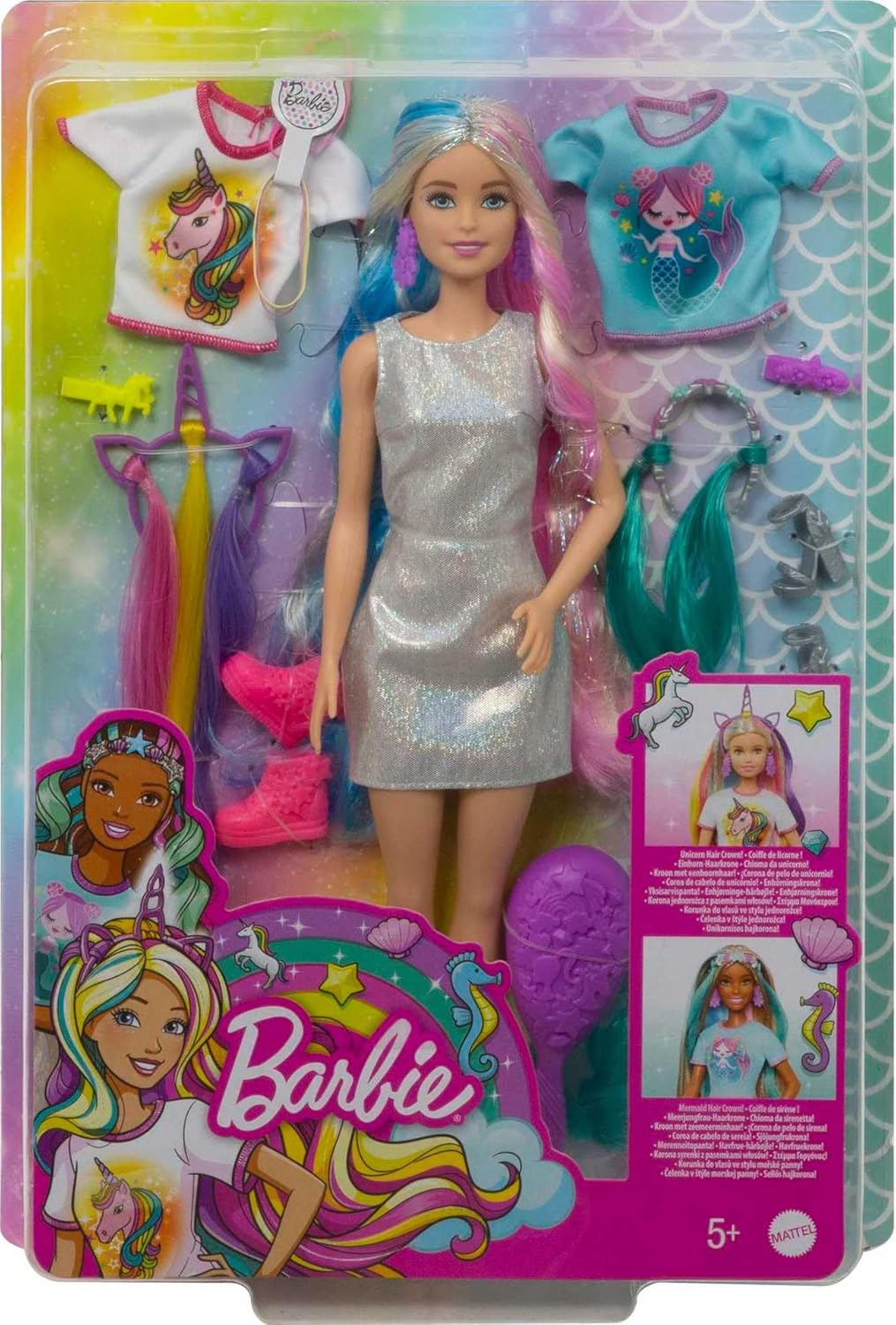 Barbie Fantasy Hair Doll, Blonde, with 2 Decorated Crowns, 2 Tops & Accessories for Mermaid and Unicorn Looks, Plus Hairstyling Pieces