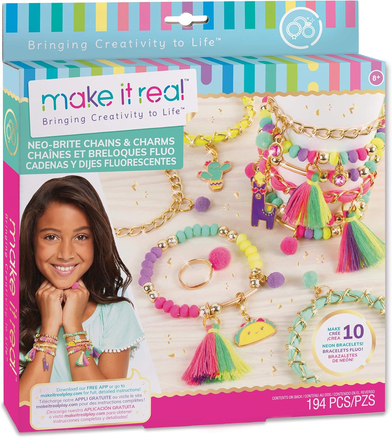 Neo-Brite Chains & Charms Kit - Create 10 Unique Cord & Tassel Charm Bracelets, 195 Pieces