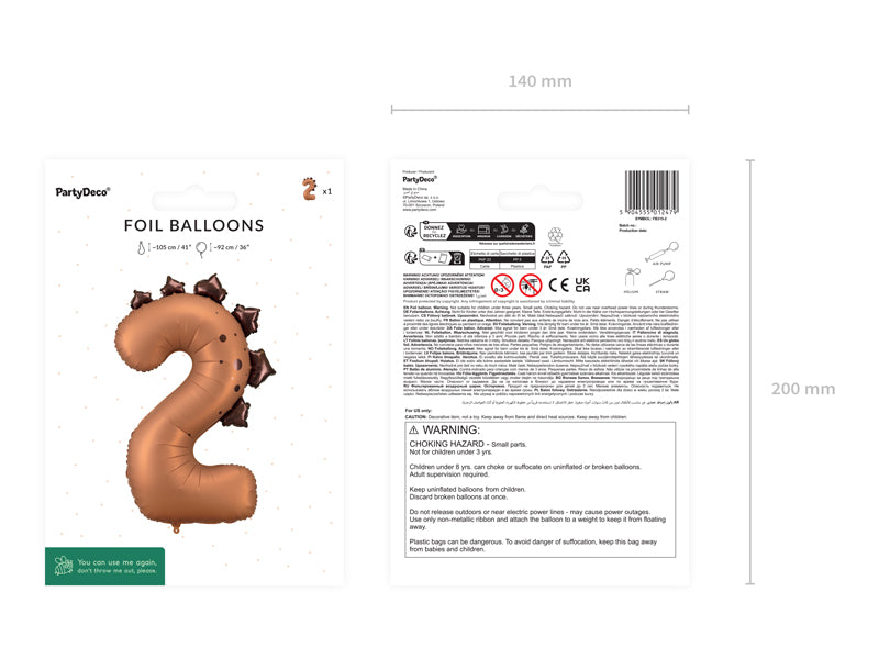 Foil balloon Number ''2'' - Dinosaur 92cm - Mix