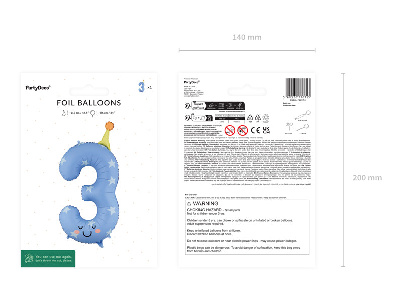 Foil balloon Number ''3'' - Blue 86cm