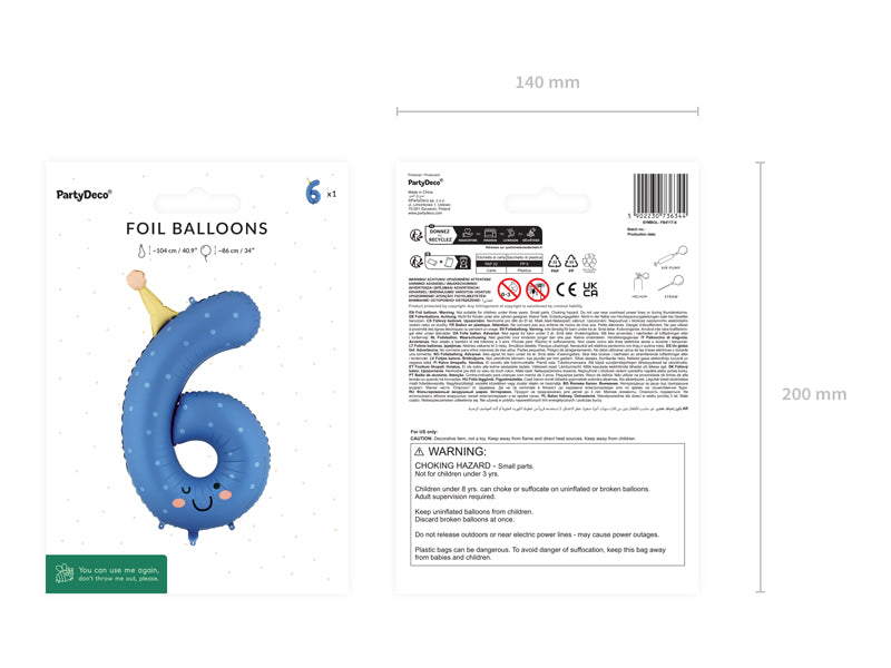 Foil balloon Number ''6'' - Blue 86cm