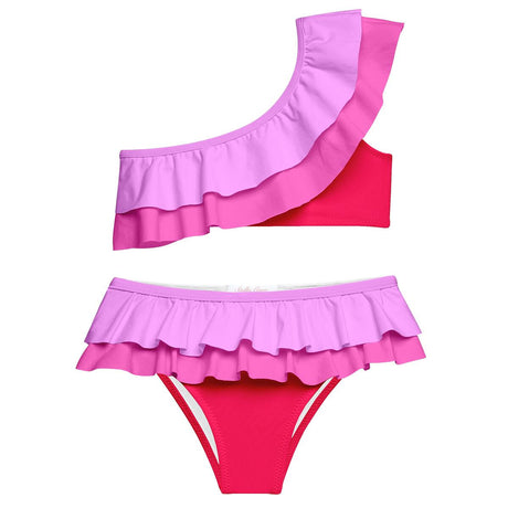 Pink Double Ruffle Bikini one shoulder