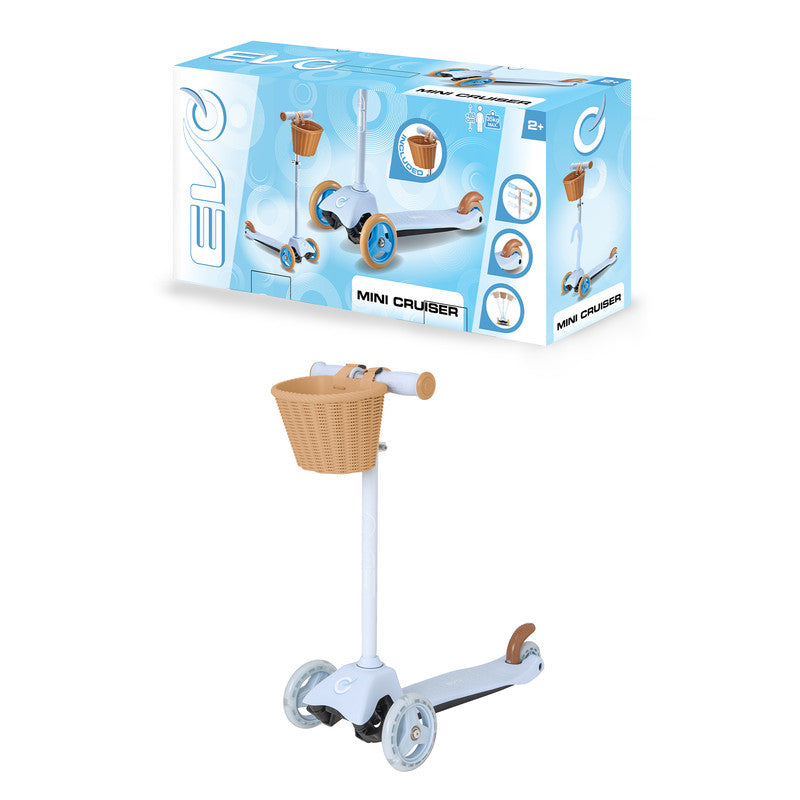 سكوتر إيفو ميني كروزر أزرق سماوي – سكوتر للأطفال مع سلة أمامية / لعبة ركوب بإضاءة