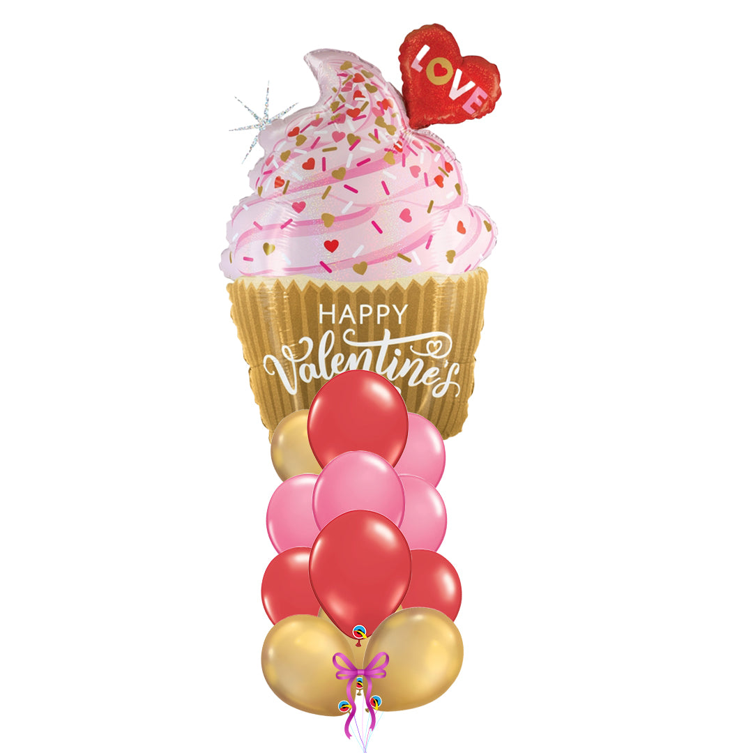 Jumbo Valentine Golden Cupcake arrangement with 12 latex balloons