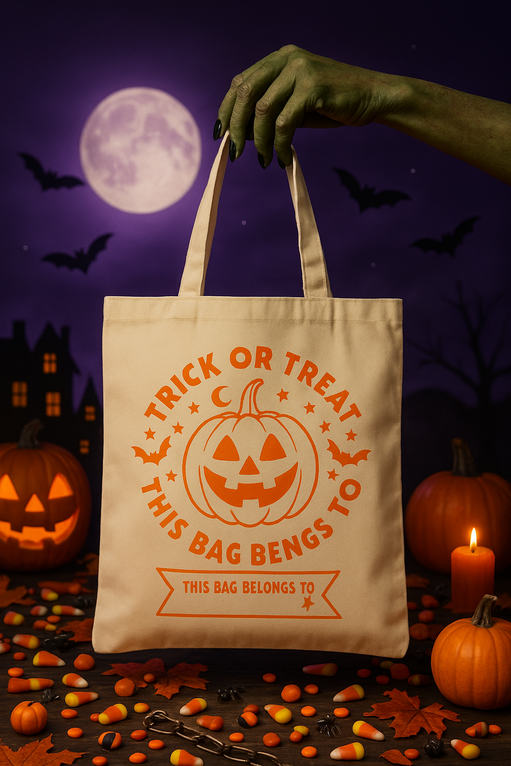Personalized Trick or Treat Pumpkin Halloween Tote Bag – 35 x 30 cm