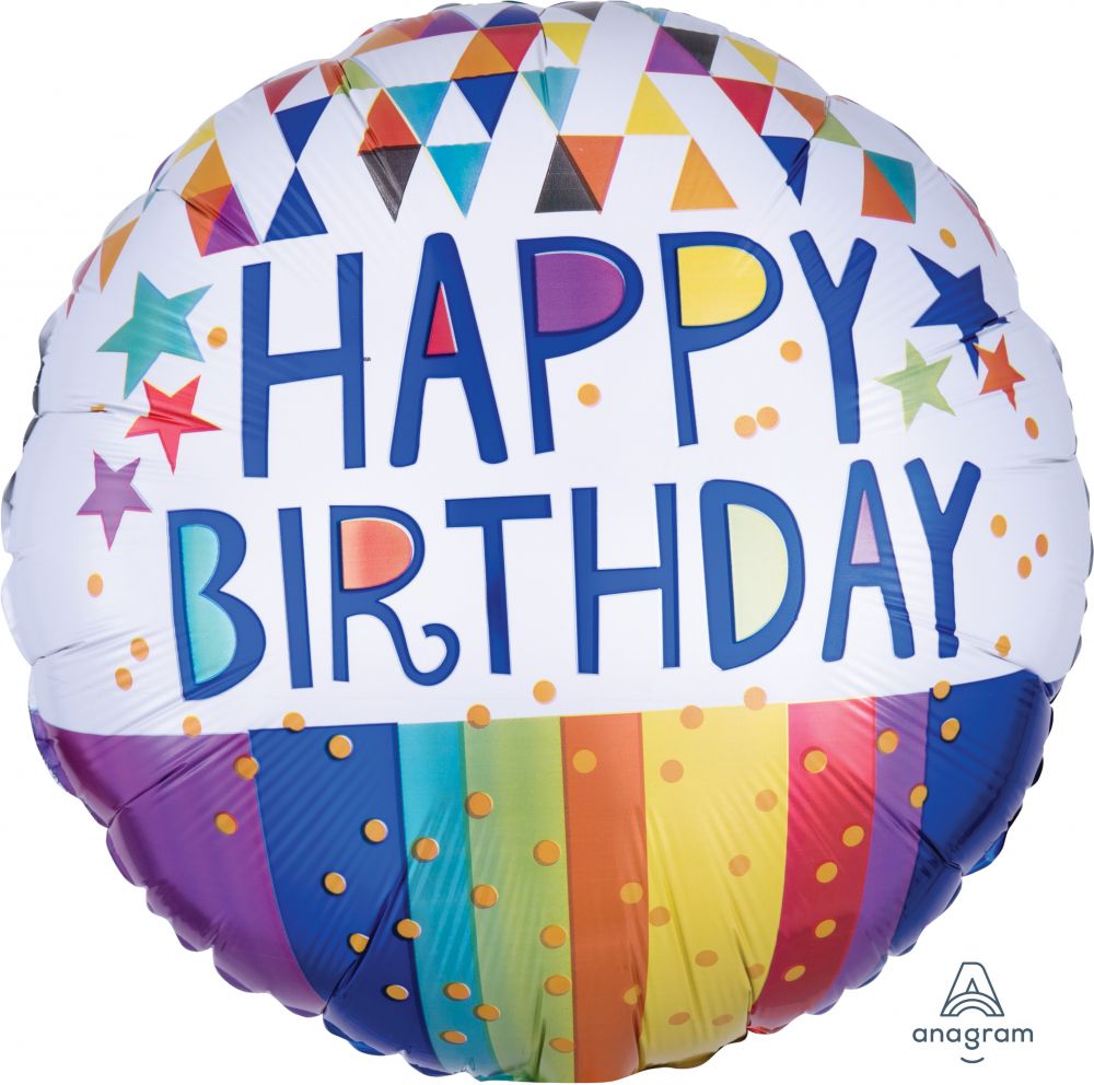 Triangles & Stripes Happy Birthday Balloon 18"