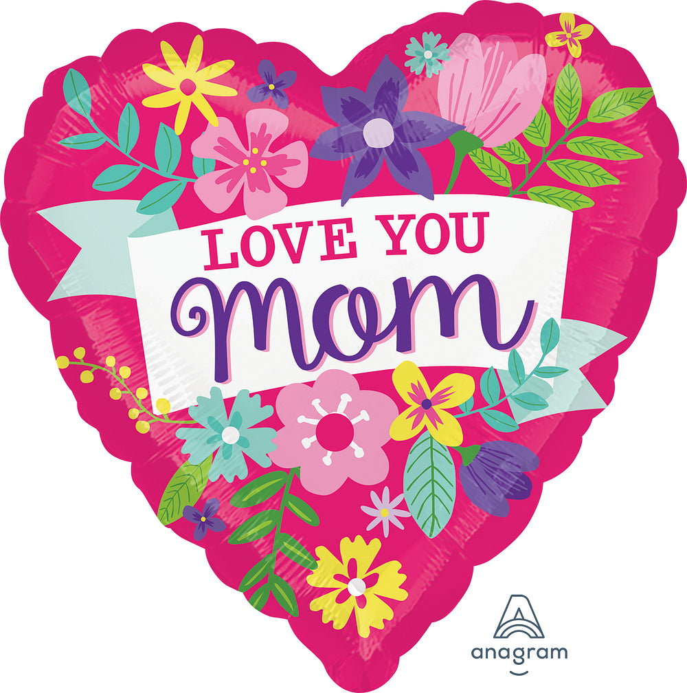 Jumbo Love You Mom Flowers Foil Balloon 28"