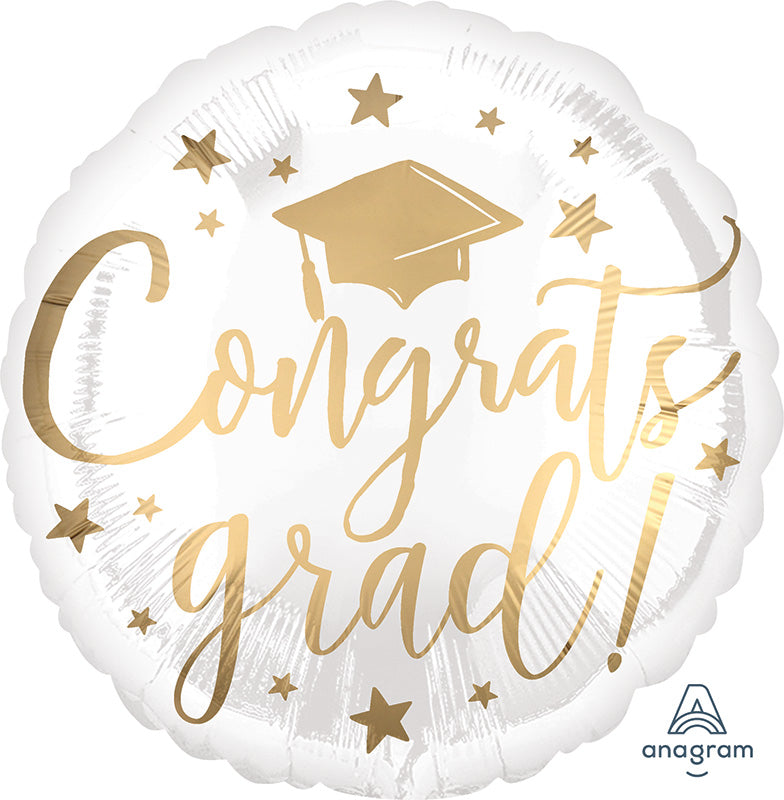 18" Congrats Grad White & Gold Foil Balloon