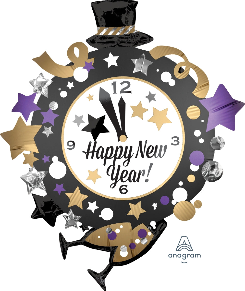 Jumbo happy New Year Clock Foil Balloon 35"