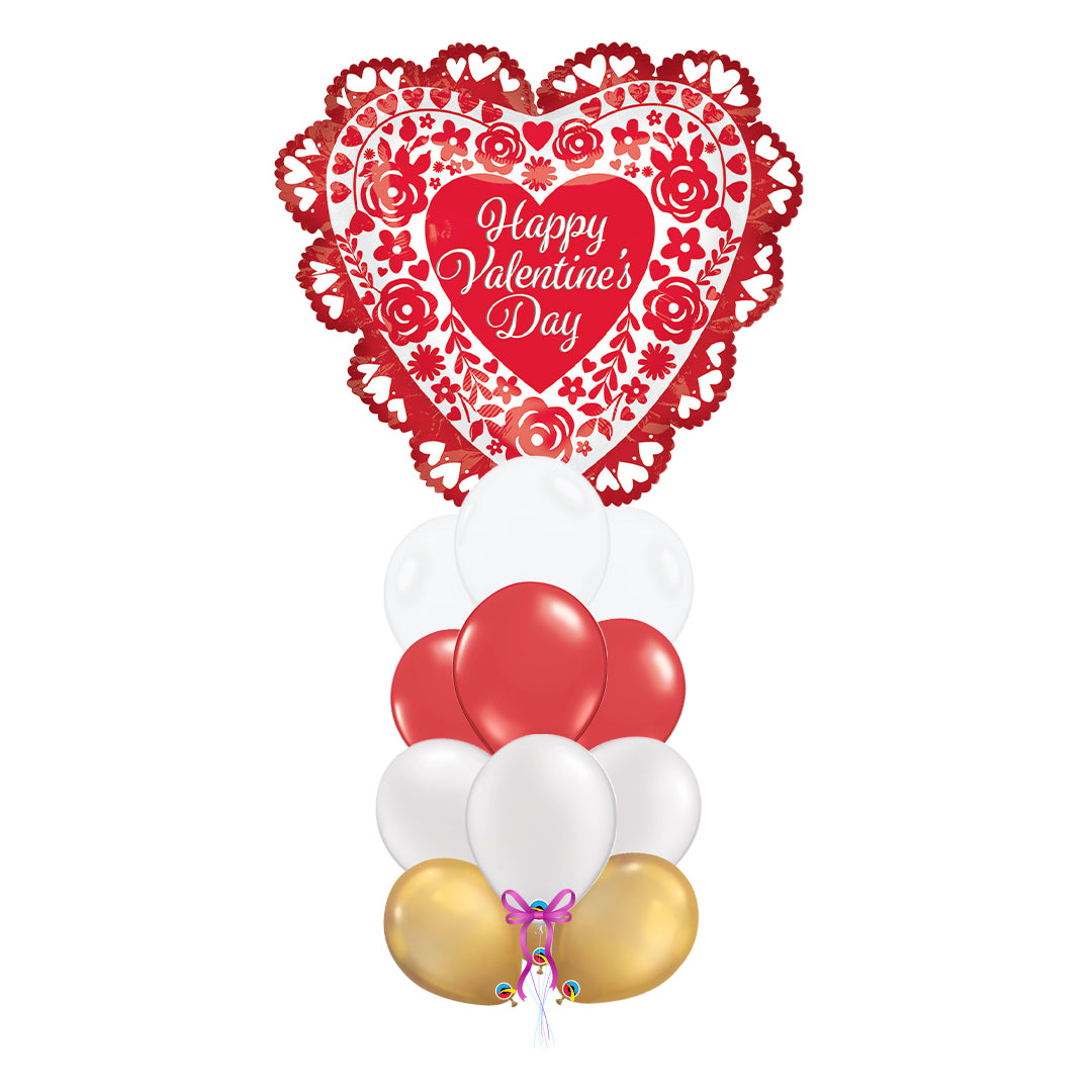 Jumbo Intricates Valentine Roses are Red arrangement with 12 latex balloons