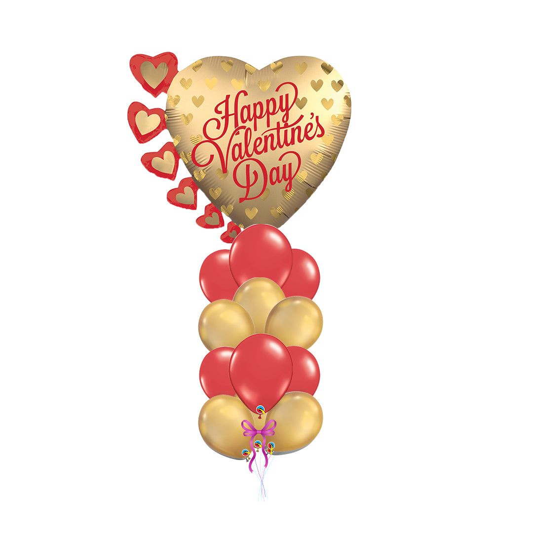 Jumbo Satin Infused Pretty Gold Hearts arrangement with 12 latex balloons