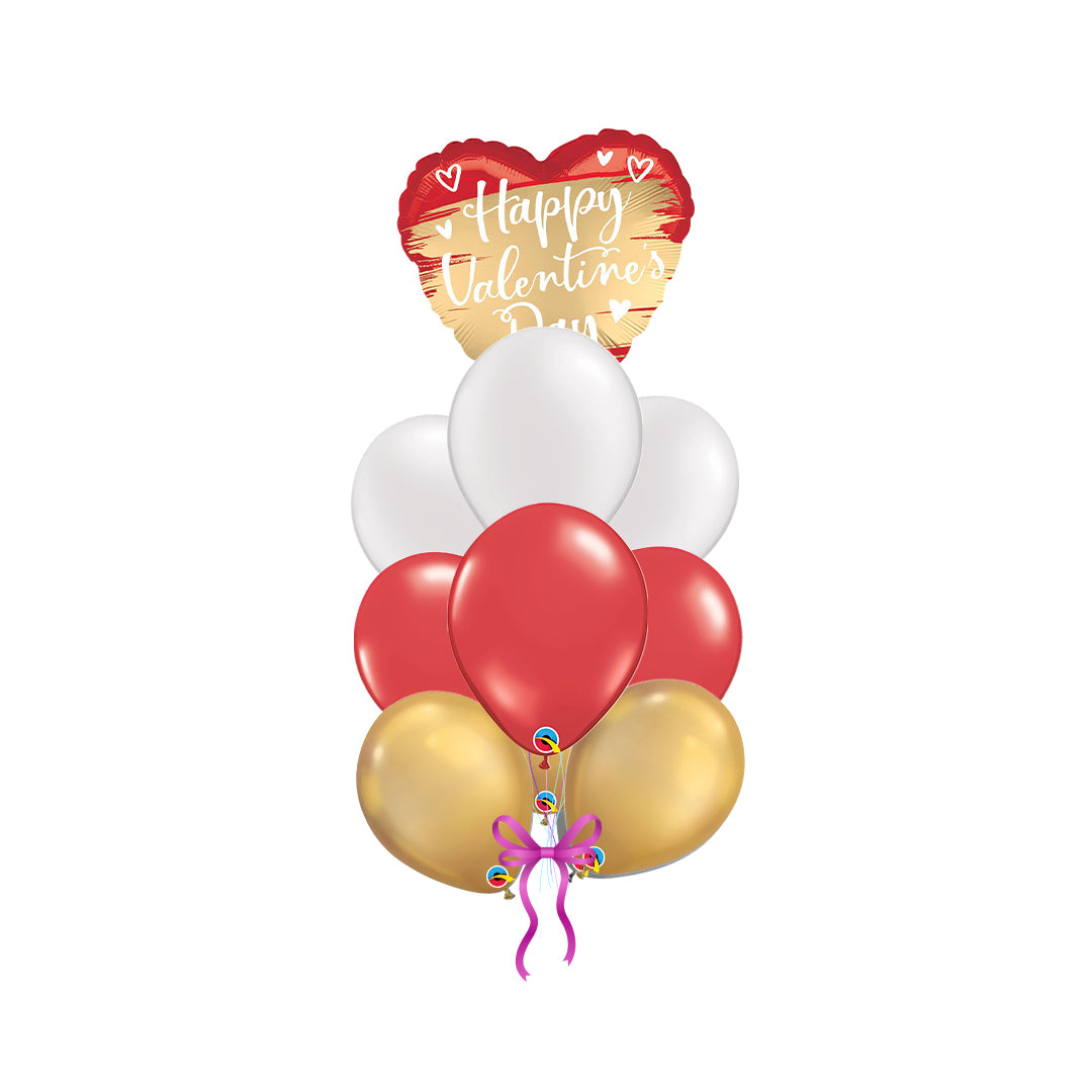 Satin Happy Valentine's Day Gold Swoosh arrangement with 9 latex balloons