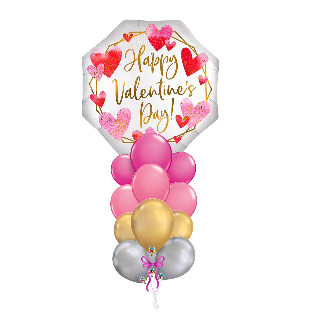 Jumbo Satin Watercolor Happy Valentine's Day arrangement with 12 latex balloons