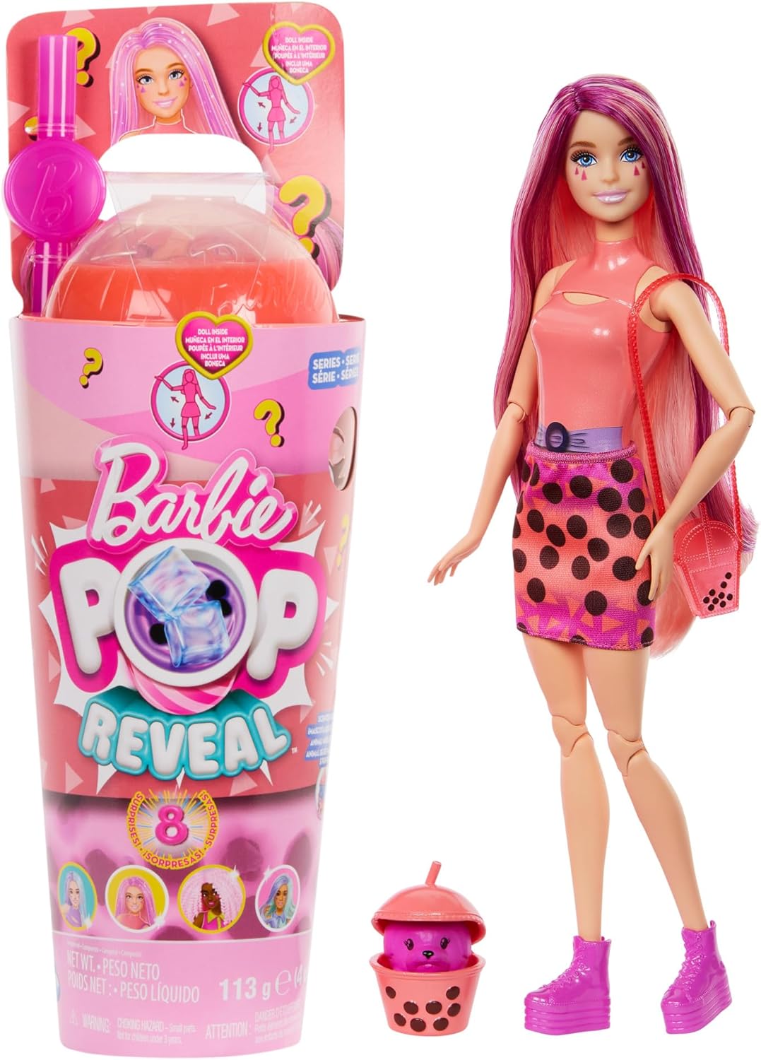 Mango Muchi Barbie Pop Reveal Bubble Tea Series Doll & Accessories with Fashion Doll & Pet, 8 Surprises