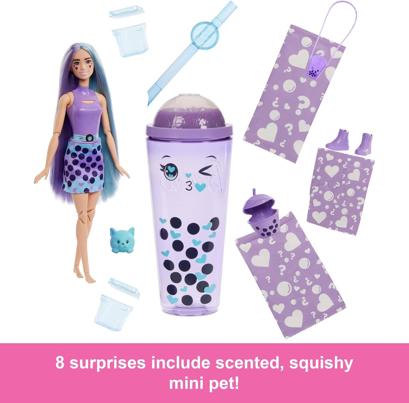 Taro Milk Barbie Pop Reveal Doll & Accessories, Bubble Tea Series with Fashion Doll & Pet, 8 Surprises