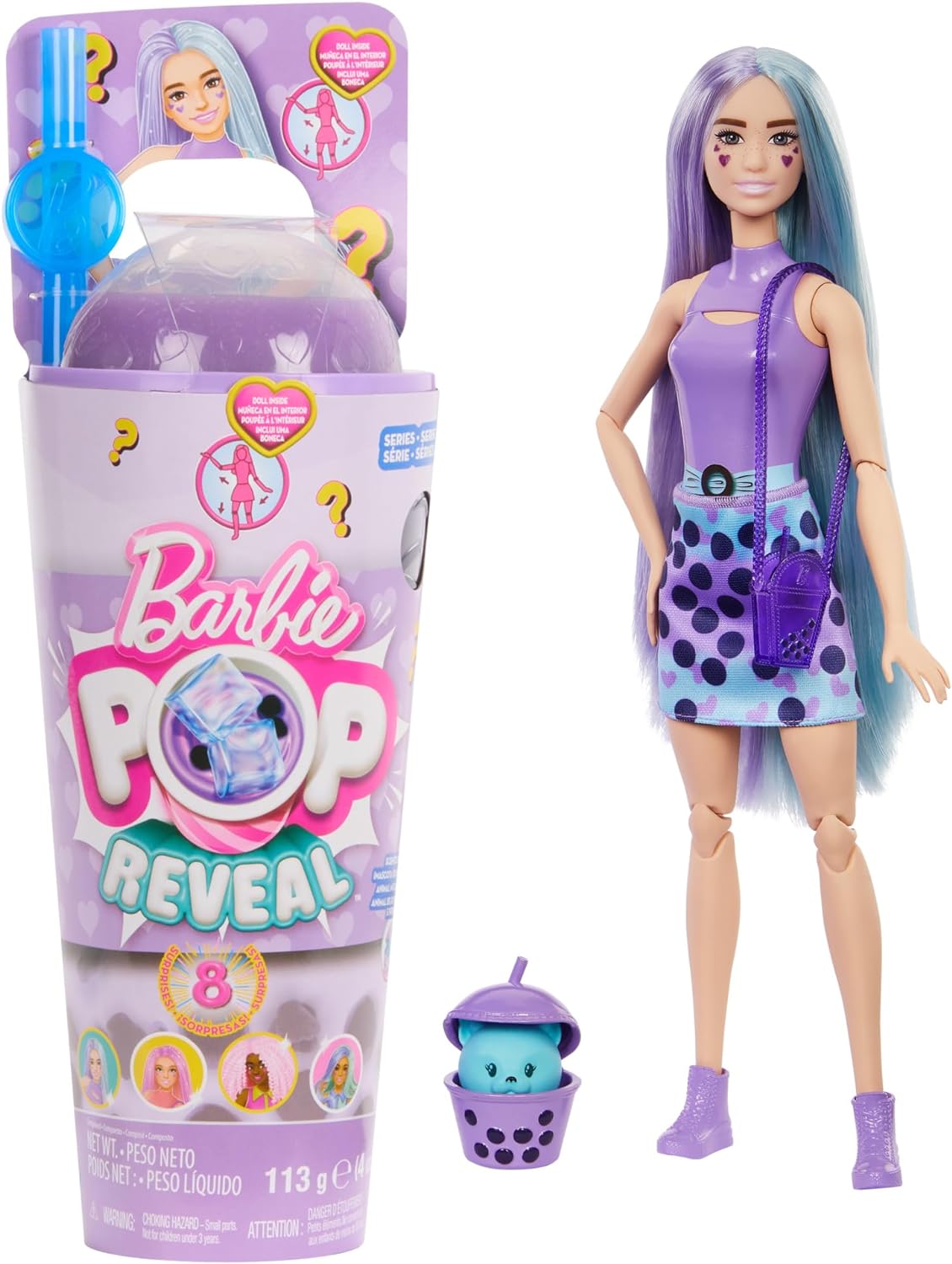 Taro Milk Barbie Pop Reveal Doll & Accessories, Bubble Tea Series with Fashion Doll & Pet, 8 Surprises