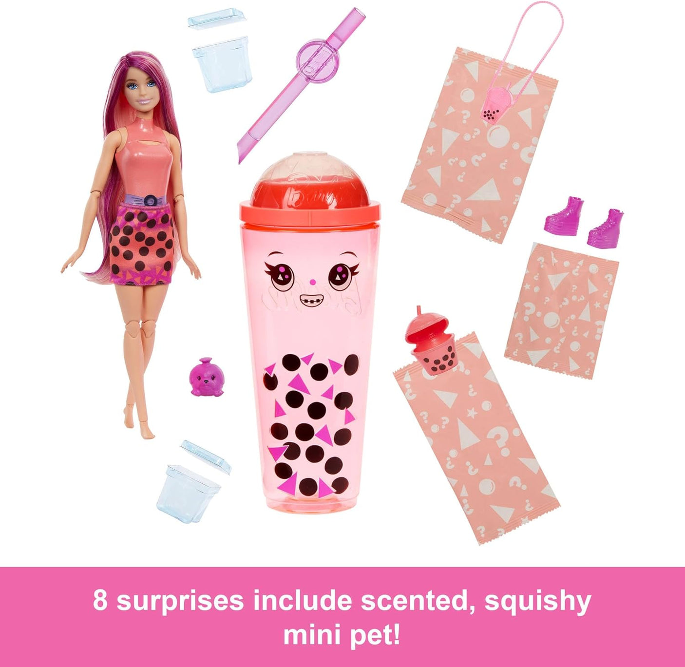 Mango Muchi Barbie Pop Reveal Bubble Tea Series Doll & Accessories with Fashion Doll & Pet, 8 Surprises