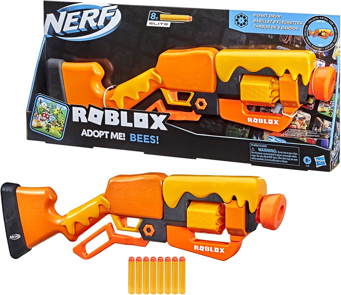 لعبة NERF Roblox Adopt Me!: Bees! Lever Action Dart Blaster، أسطوانة دوارة بـ 8 سهام، 8 سهام النخبة 