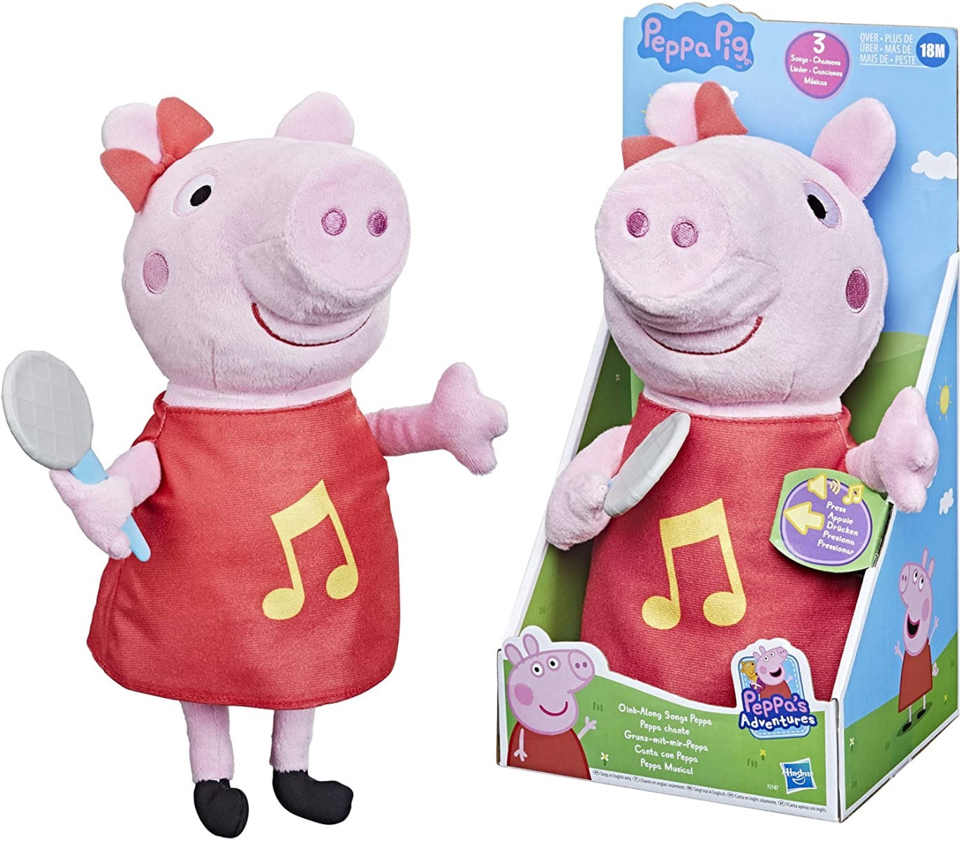 أغاني Peppa Pig Oink-Along مع دمية Peppa المحشوة الغنائية ذات الفستان الأحمر اللامع والقوس 