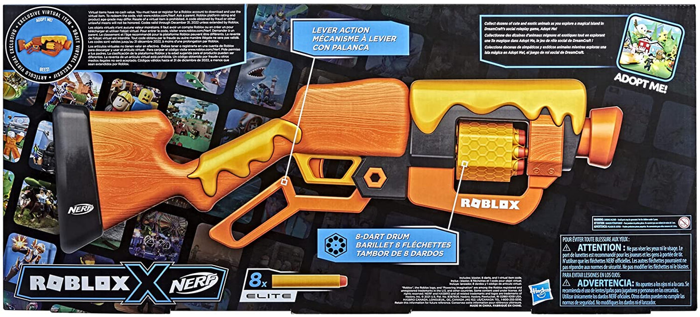 NERF Roblox Adopt Me!: Bees! Lever Action Dart Blaster, Rotating 8-Dart Drum, 8 Elite Darts