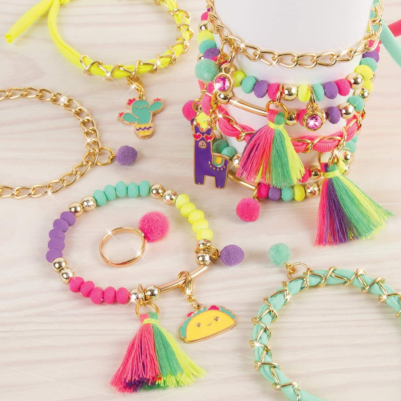 Neo-Brite Chains & Charms Kit - Create 10 Unique Cord & Tassel Charm Bracelets, 195 Pieces