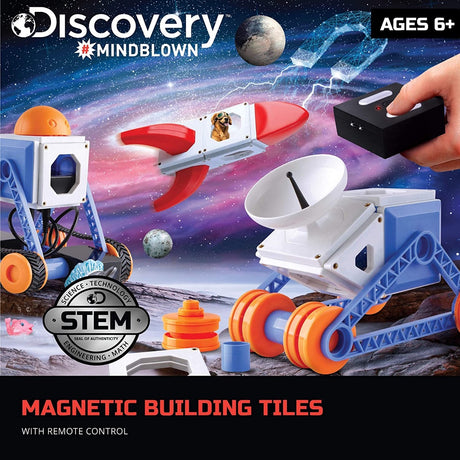 Discovery #MINDBLOWN Customizable Magnetic Building Tiles with Remote Control, 34-Piece Play Set, Build 3 Intergalactic Models, Includes 2 Powered Motors