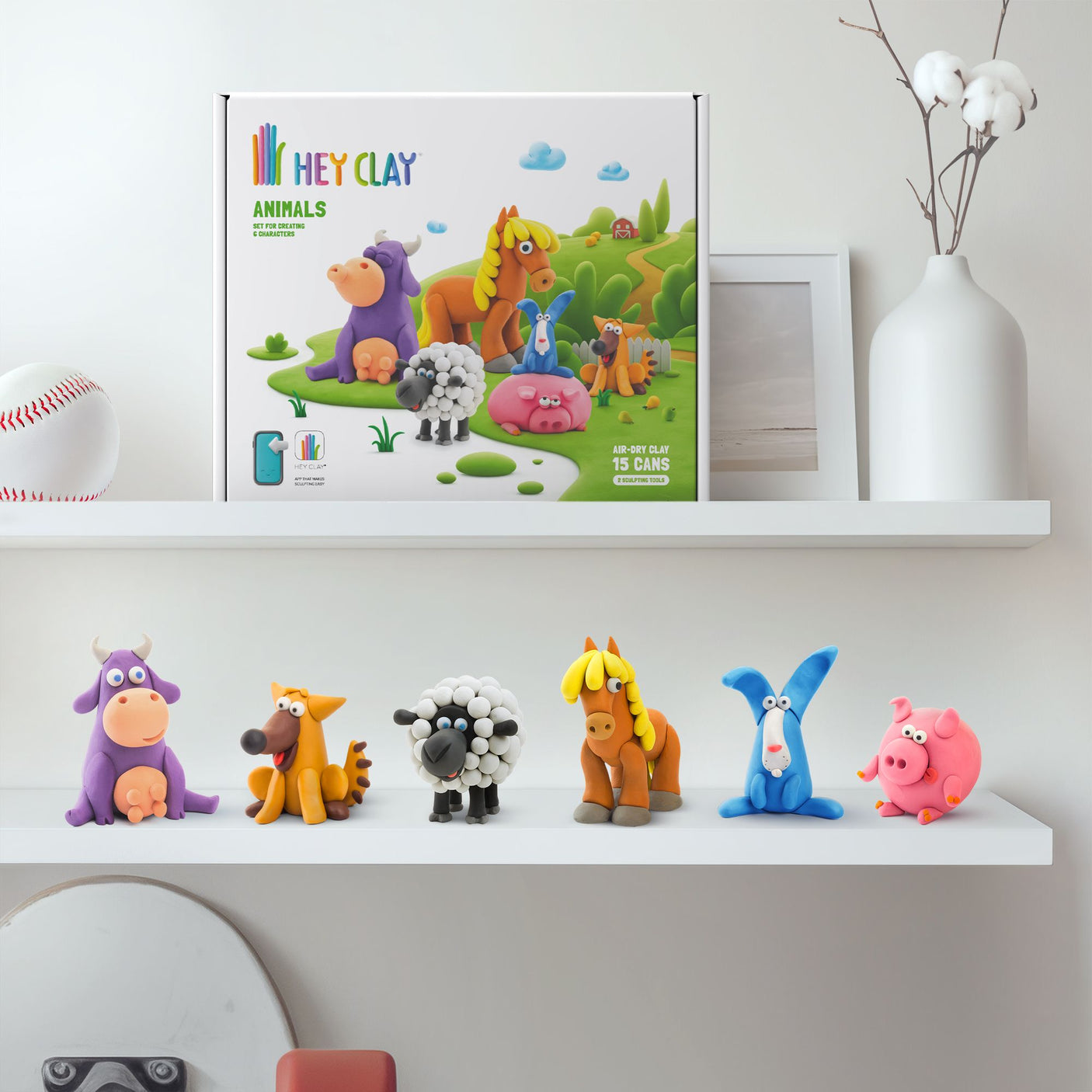 Cow, Doggie, Sheep. Colorful modeling air-dry clay, 6 cans