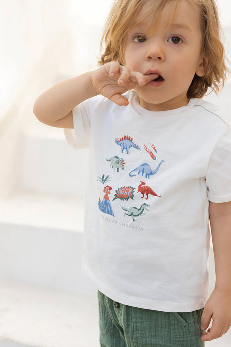 T-Shirt - Ecru Cotton Illustration Dinosaurs