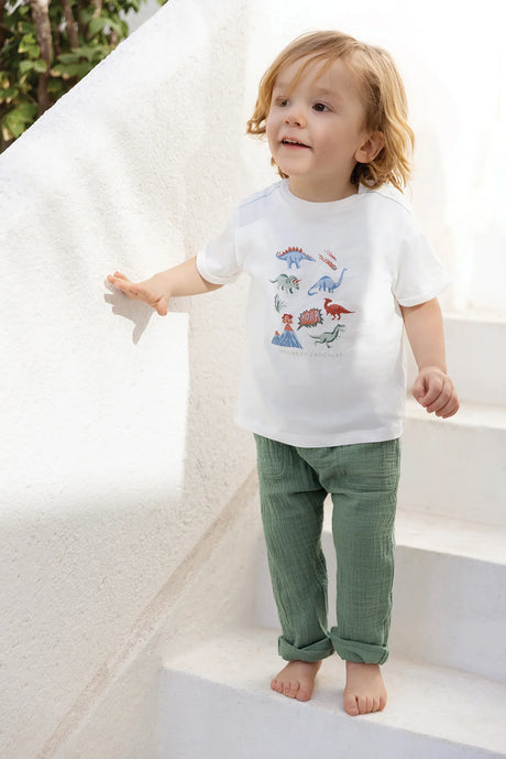 T-Shirt - Ecru Cotton Illustration Dinosaurs