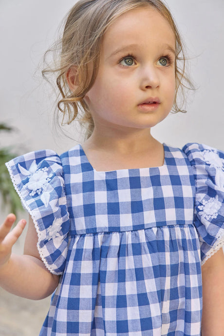 Dress - Blue Cotton Pattern Two-Tone Gingham
