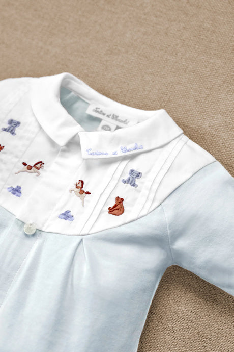 Onesie Pyjamas - Sky Blue Cotton Peter Pan Collar Animals