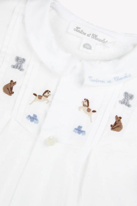 Onesie Pyjamas - White Cotton Peter Pan Collar Animals