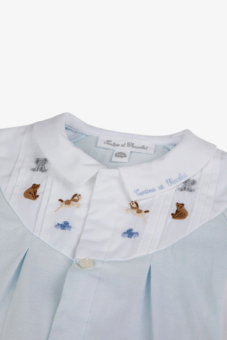 Onesie Pyjamas - Sky Blue Cotton Peter Pan Collar Animals