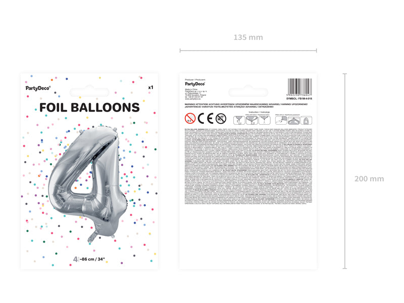 Foil Balloon Number ''4'' - Silver 86cm