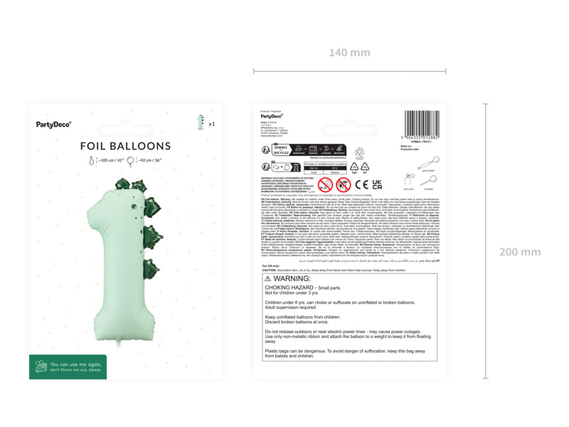 Foil balloon Number ''1'' - Dinosaur 92cm - Mix