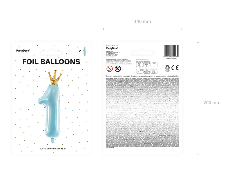 Foil Balloon Number ''1'' - Sky-blue 37x100 cm