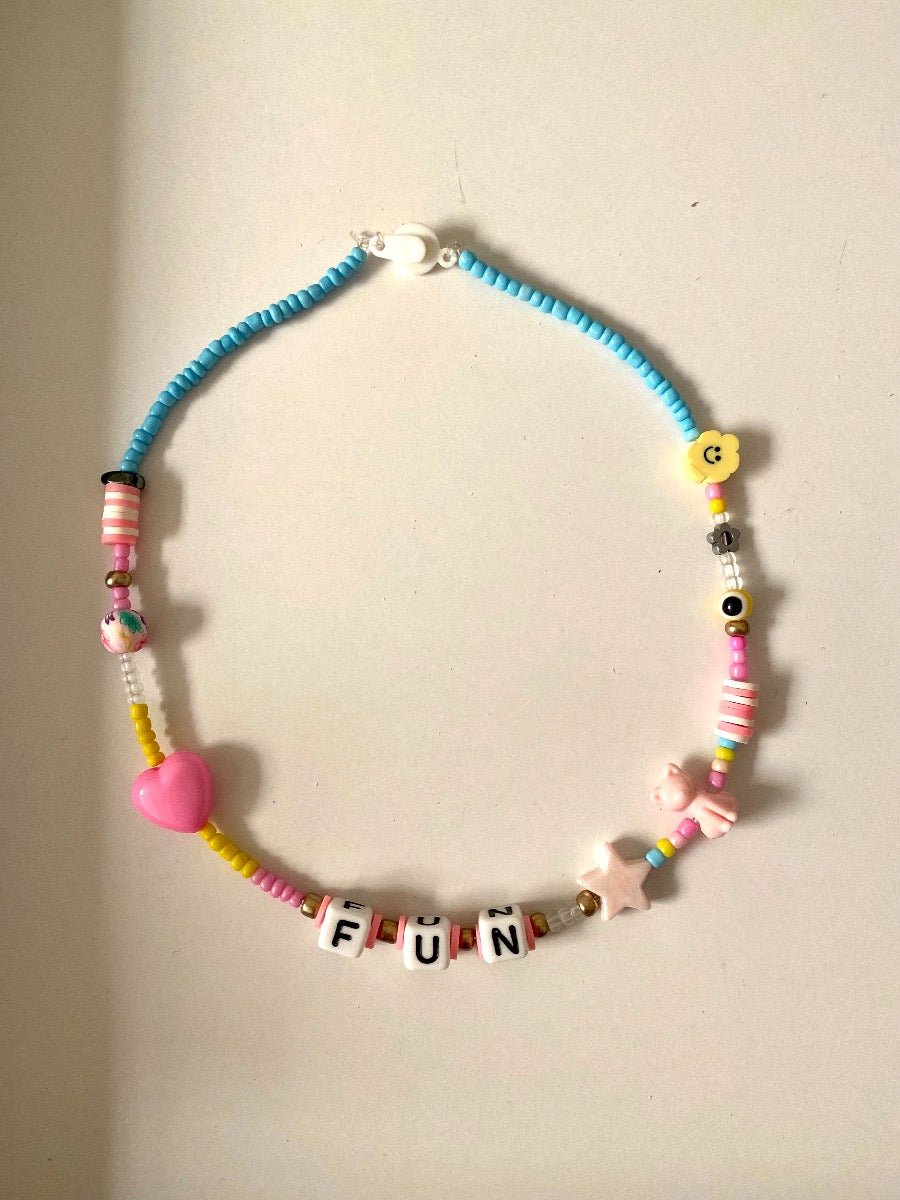 Fun Multi Beads Necklace With Cat and Heart