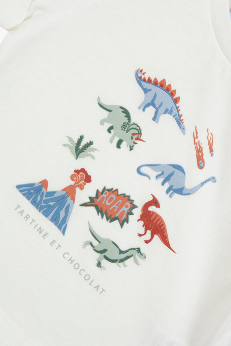 T-Shirt - Ecru Cotton Illustration Dinosaurs