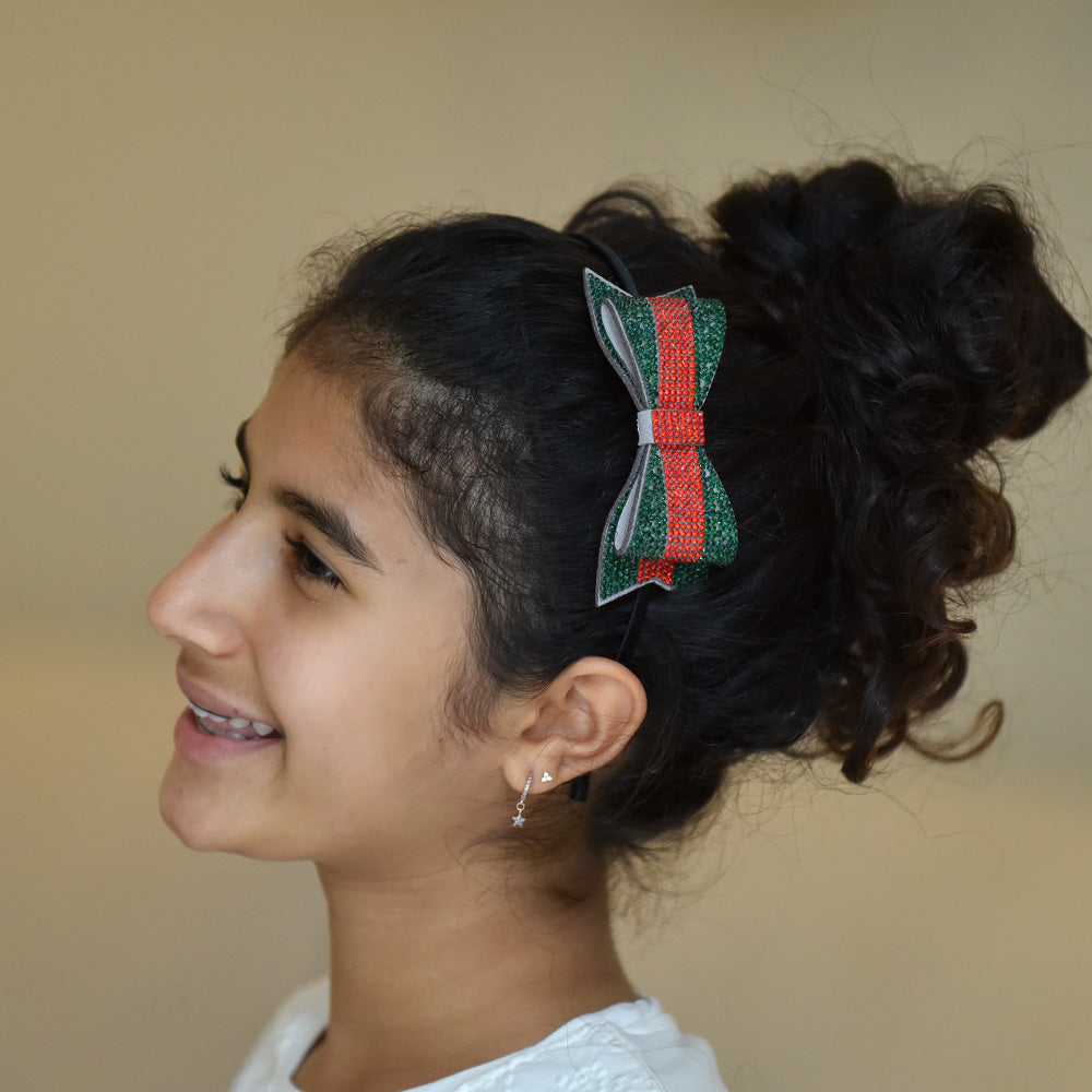 Red-Green Crystal Double Bow Headband