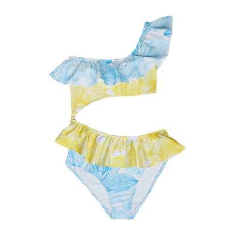 One Piece Cut Out Swimsuit - Flowers Blue