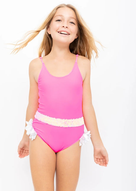 Neon Pink Swimsuit with Belt & Silver Petals